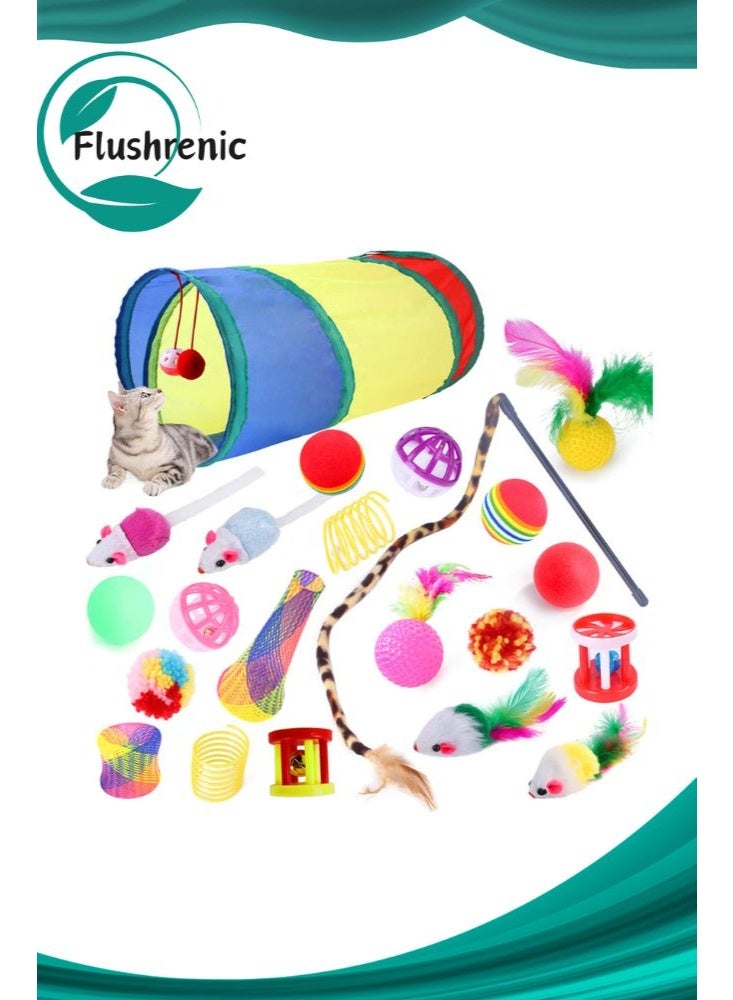 Flushrenic A set of 22 cat toys, including an interactive feather toy, a non erasable mouse doll, a polyester wrinkled ball bell toy strap, and a foldable tunnel, among other cat toys - Image 1