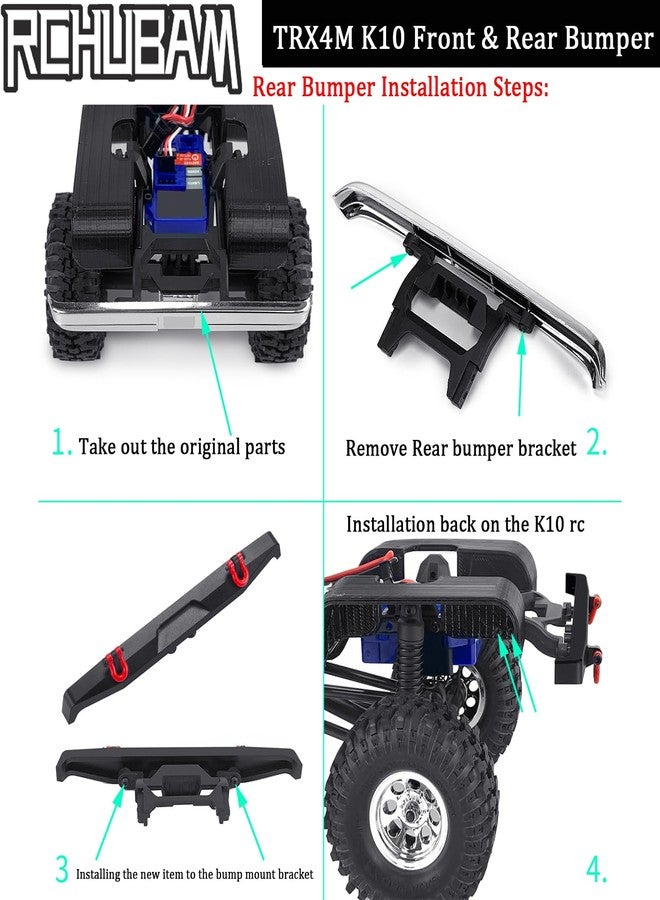 RCHUBAM TRX4M K10 Front & Rear RC Bumper 1Set Aluminum RC Car Bumper with Red Metal Trailer Hitch Hooks Compatible for 1/18 TRX4M K10 RC Crawler Car (Front & Rear) - Image 4