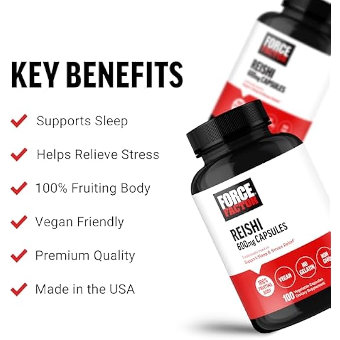 Force Factor Reishi Mushroom Supplement, Stress Relief Supplement and Sleep Support Supplement Made with Reishi Mushroom Extract, Vegan, No Gelatin, Non-GMO, 100 Vegetable Capsules - Image 2