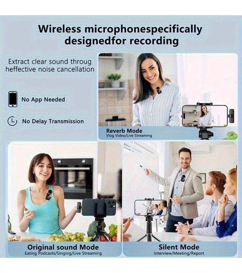 Professional Wireless Lavalier Microphone Intelligent Noise Reduction Omnidirectional Condenser Mic Black 1 In 1 Type C For Content Recording Live Streaming Interviews Song Recording And Singing - Image 2
