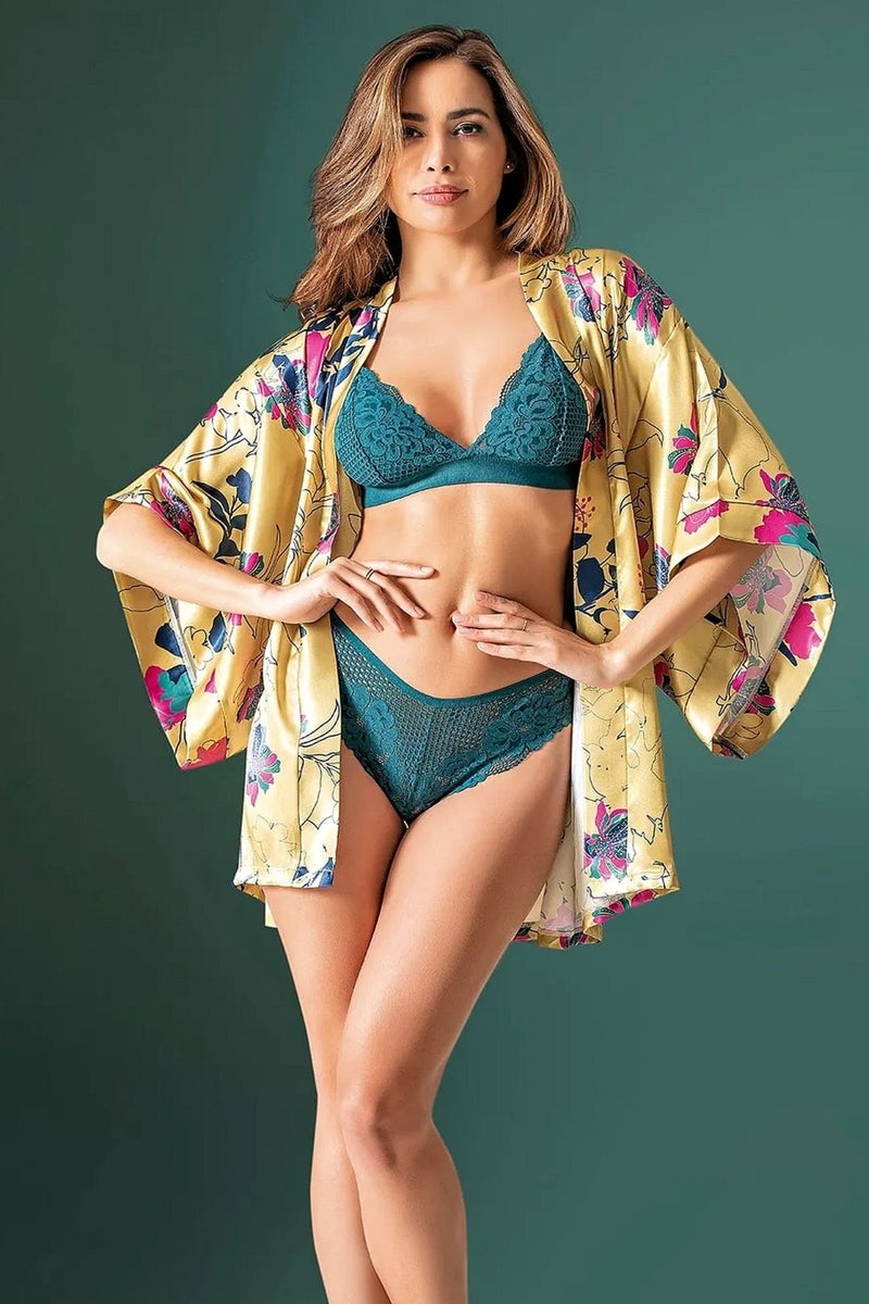 Loomerie 4590 Women's Satin Dressing Gown Bustier Panty Shorts Set-Yellow - Image 1