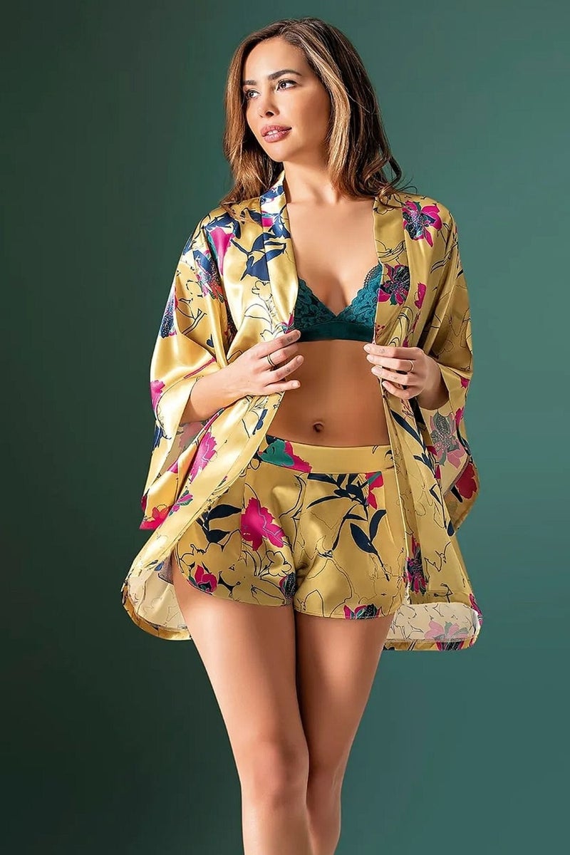 Loomerie 4590 Women's Satin Dressing Gown Bustier Panty Shorts Set-Yellow - Image 2