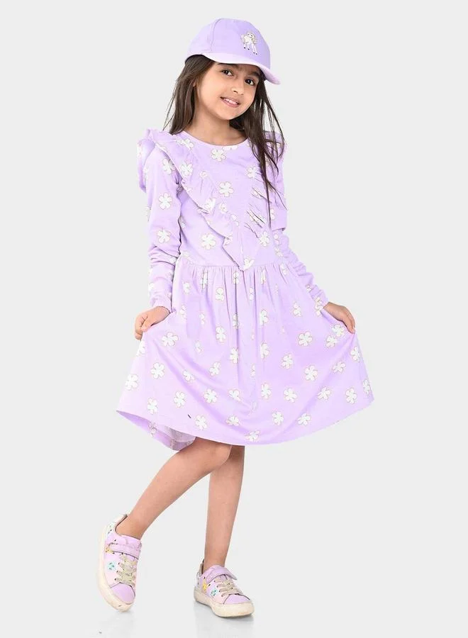 Bonkids Girl's Lavender 100% Cotton Printed Regular Fit Dress
