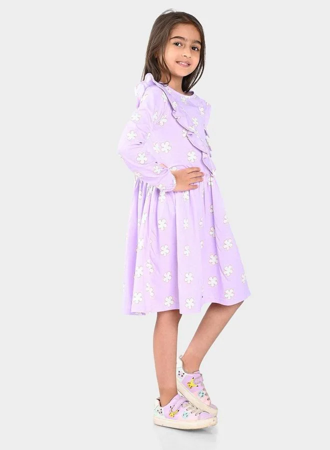 Bonkids Girl's Lavender 100% Cotton Printed Regular Fit Dress