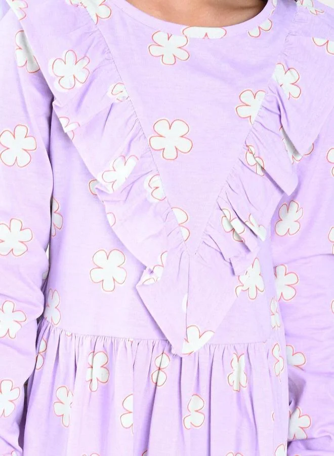 Bonkids Girl's Lavender 100% Cotton Printed Regular Fit Dress