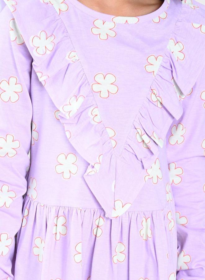 Bonkids Girl's Lavender 100% Cotton Printed Regular Fit Dress - Image 2