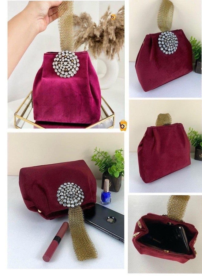 Vinishq® Luxury Velvet Diamond Pearl Potli Bag for Women | Bridal, Wedding & Party Handbag | Hand-Embroidered Evening Clutch Purse with Brooch, Soft Cotton Lining| Expandable Design (Magenta) - Image 4