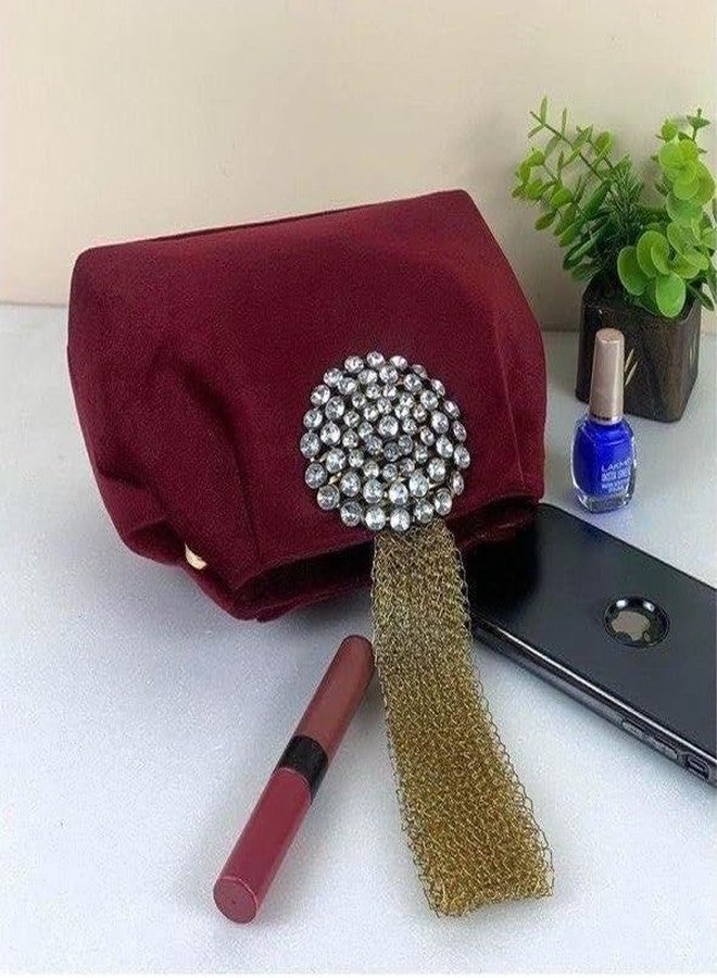 Vinishq® Luxury Velvet Diamond Pearl Potli Bag for Women | Bridal, Wedding & Party Handbag | Hand-Embroidered Evening Clutch Purse with Brooch, Soft Cotton Lining| Expandable Design (Magenta) - Image 5
