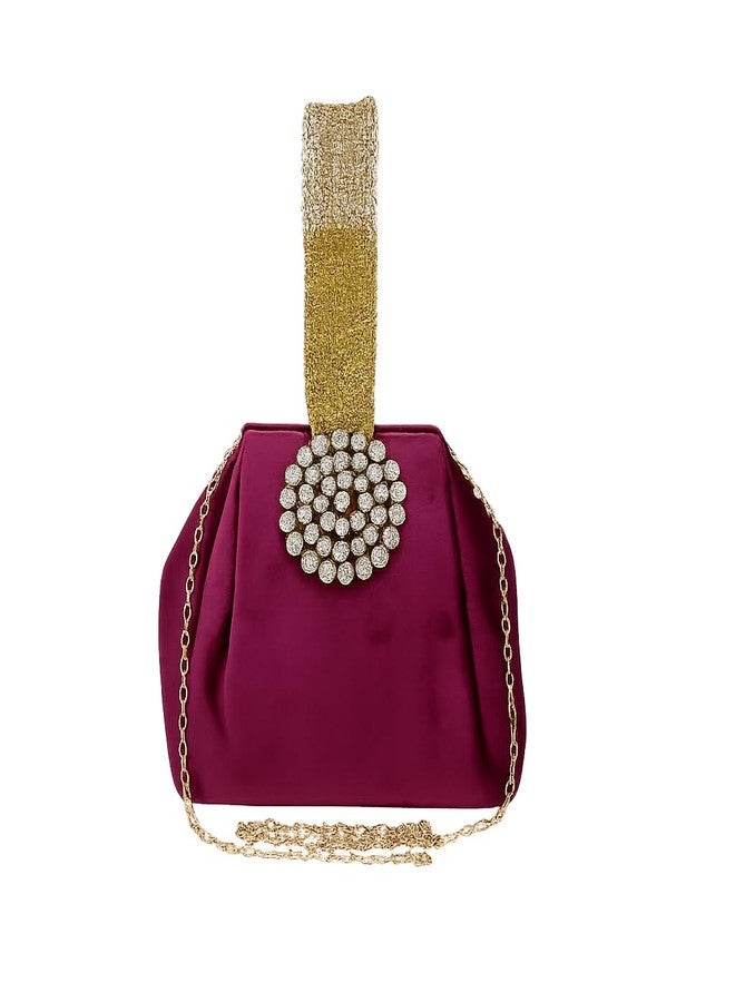 Vinishq® Luxury Velvet Diamond Pearl Potli Bag for Women | Bridal, Wedding & Party Handbag | Hand-Embroidered Evening Clutch Purse with Brooch, Soft Cotton Lining| Expandable Design (Magenta) - Image 2