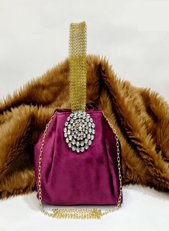 Vinishq® Luxury Velvet Diamond Pearl Potli Bag for Women | Bridal, Wedding & Party Handbag | Hand-Embroidered Evening Clutch Purse with Brooch, Soft Cotton Lining| Expandable Design (Magenta) - Image 3