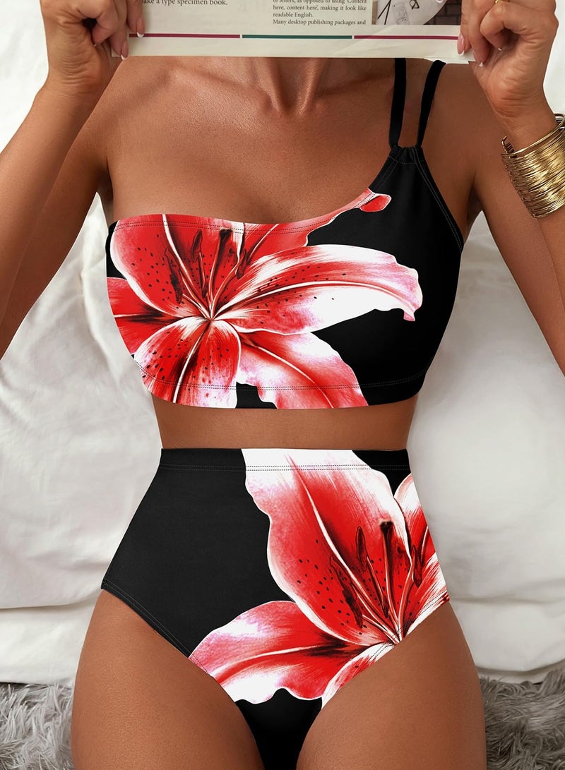 Herseas Women's One Shoulder Bikini Sets Lily Print Two Piece Swim Suits High Waisted Tummy Control Adjustable Spaghetti Straps Bathing Suit Trendy Vacation Outfits Black Red Floral X-Large - Image 5