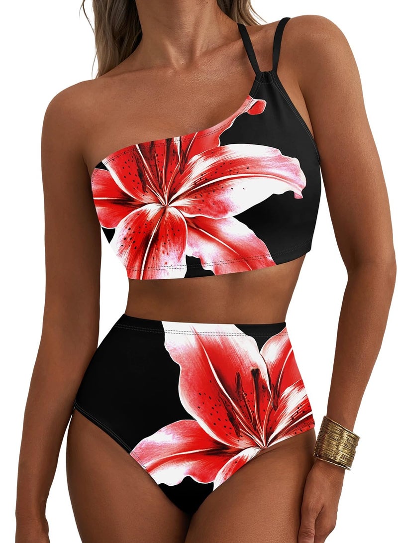 Herseas Women's One Shoulder Bikini Sets Lily Print Two Piece Swim Suits High Waisted Tummy Control Adjustable Spaghetti Straps Bathing Suit Trendy Vacation Outfits Black Red Floral X-Large - Image 1