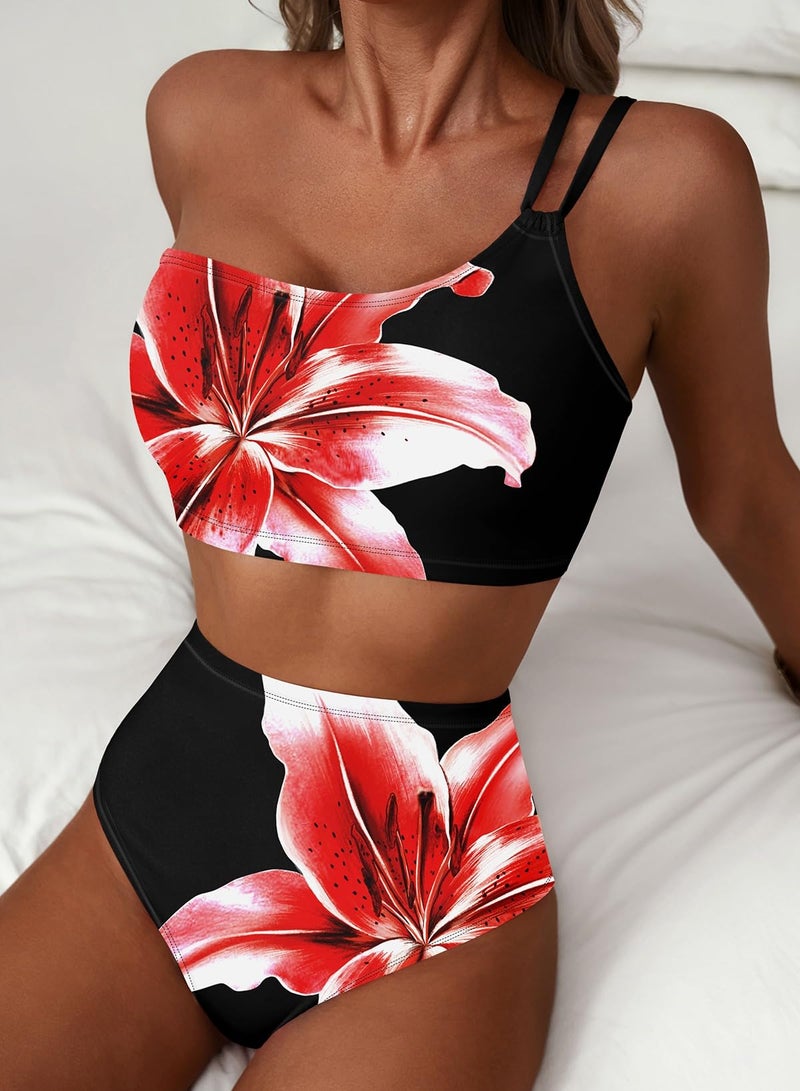 Herseas Women's One Shoulder Bikini Sets Lily Print Two Piece Swim Suits High Waisted Tummy Control Adjustable Spaghetti Straps Bathing Suit Trendy Vacation Outfits Black Red Floral X-Large - Image 4
