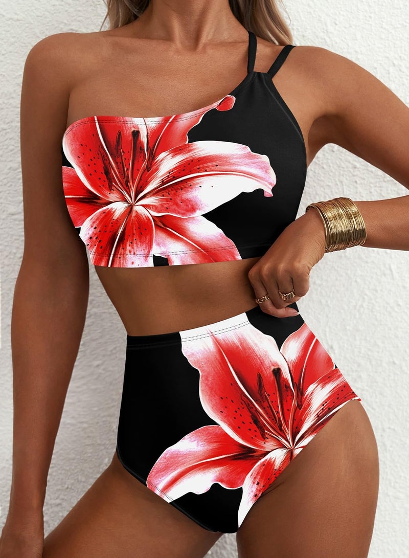 Herseas Women's One Shoulder Bikini Sets Lily Print Two Piece Swim Suits High Waisted Tummy Control Adjustable Spaghetti Straps Bathing Suit Trendy Vacation Outfits Black Red Floral X-Large - Image 3