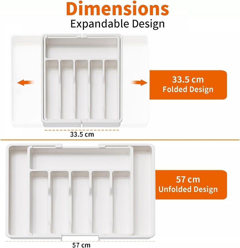 Harmony Home منظم أدوات المطبخ القابل للتوسيع من هارموني هوم – صينية أدوات قابلة للتعديل، فاصل أدوات المائدة وحامل أدوات المائدة للملاعق والشوك والسكاكين – تخزين كبير في درج بلاستيكي – أبيض - Image 2