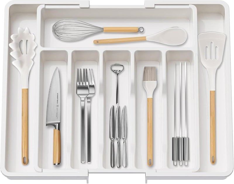 Harmony Home منظم أدوات المطبخ القابل للتوسيع من هارموني هوم – صينية أدوات قابلة للتعديل، فاصل أدوات المائدة وحامل أدوات المائدة للملاعق والشوك والسكاكين – تخزين كبير في درج بلاستيكي – أبيض - Image 1