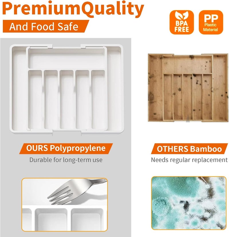 Harmony Home منظم أدوات المطبخ القابل للتوسيع من هارموني هوم – صينية أدوات قابلة للتعديل، فاصل أدوات المائدة وحامل أدوات المائدة للملاعق والشوك والسكاكين – تخزين كبير في درج بلاستيكي – أبيض - Image 5