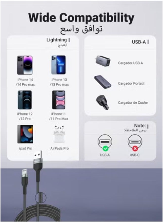 1m Braided Fast Charging Cable MFi Certified USB A to Lightning Compatible with iPhone 14 Pro/14 Pro Max/14/14 Plus/13/12/11/X/8/7  - Image 2