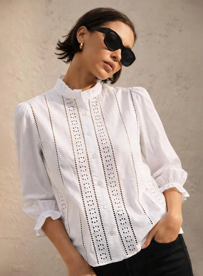 Sassafras White Poplin Mandarin Collar Lace Top