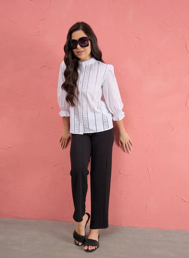 Sassafras White Poplin Mandarin Collar Lace Top