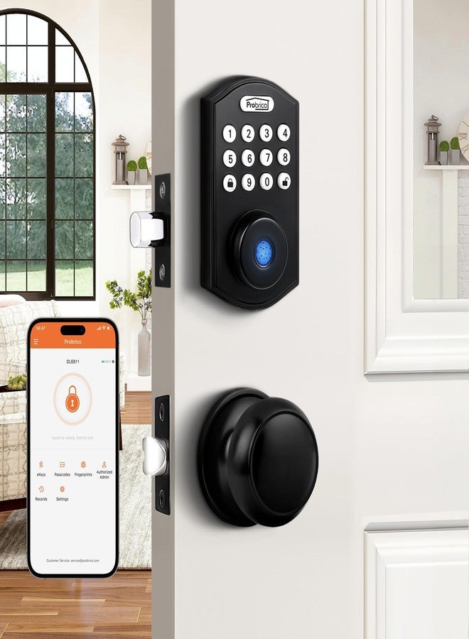 Probrico Smart Keyless Entry Door Lock with Handle Set, Fingerprint Digital Door Lock for Front Door, Door Knob with Electronic Keypad Deadbolt Lock, Auto Lock, App, Black - Image 1