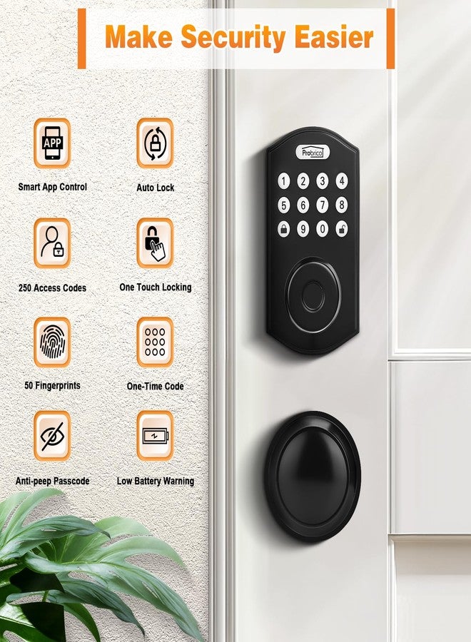 Probrico Smart Keyless Entry Door Lock with Handle Set, Fingerprint Digital Door Lock for Front Door, Door Knob with Electronic Keypad Deadbolt Lock, Auto Lock, App, Black - Image 3