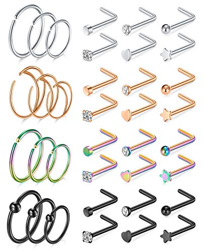 Mayhoop 20g Nose Rings Hoops And Studs For Women Men - Hypoallergenic 316L Surgical Stainless Steel L Shape Nose Screw Bone Silver Rose Gold Black Rainbow Pack 28Pcs - Image 3