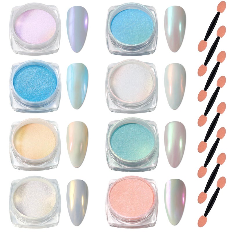 Laza Mermaid Pearl Chrome Nail Powder, 8 Colors Metallic Mirror Effect Pigment, Iridescent Aurora Nail Glitter Dust Kit for Gel Nail Art Decoration, Resin Craft, Gifts - Sweet Candy - Image 1