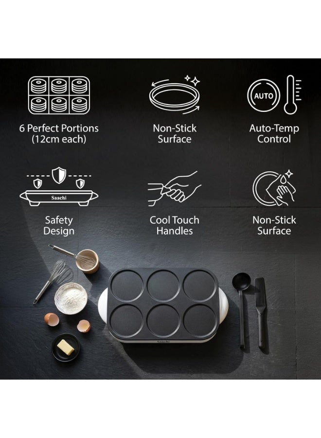 Sachi 2-in-1 Pancake & Mini Crepe Maker, 1000W, 6 Non-Stick Cooking Plates (12cm Each), Automatic Temperature Control, Cool-Touch Handles, Includes Ladle & Spatula - Image 2