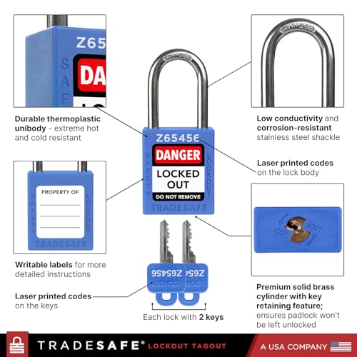 TRADESAFE Lockout Tagout Locks Set - 10 Blue Keyed Alike Padlocks, 2 Keys Per Lock, OSHA Compliant Loto Locks - Image 4