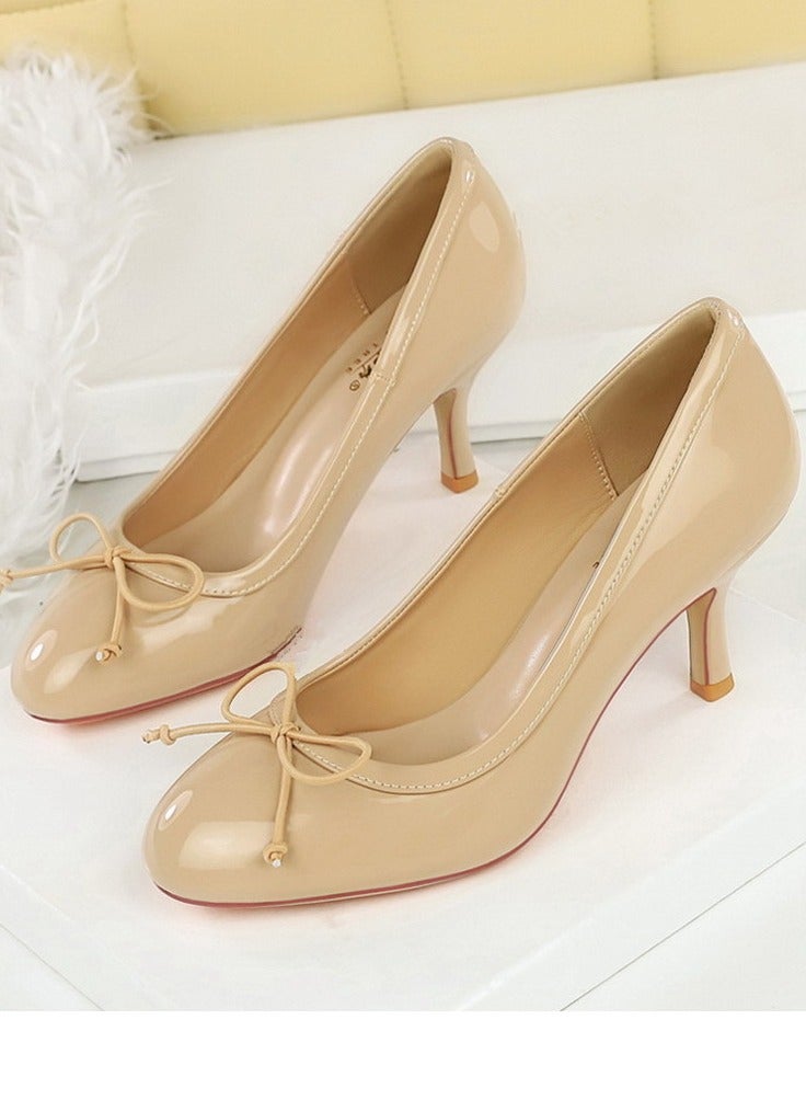 BIGTREE Women's Closed Round Toe High Heels Patent Leather Party Stiletto Pumps Khaki 7CM - Image 1