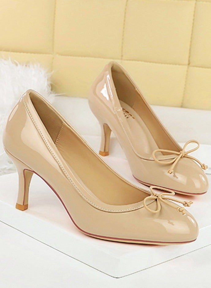 BIGTREE Women's Closed Round Toe High Heels Patent Leather Party Stiletto Pumps Khaki 7CM - Image 2