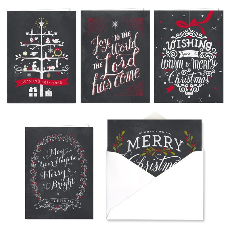 Celebrate the Season Chalkboard Christmas Card Assortment Pack 25 Greeting Cards Set 5 Holiday Designs Versed Inside With White Envelopes