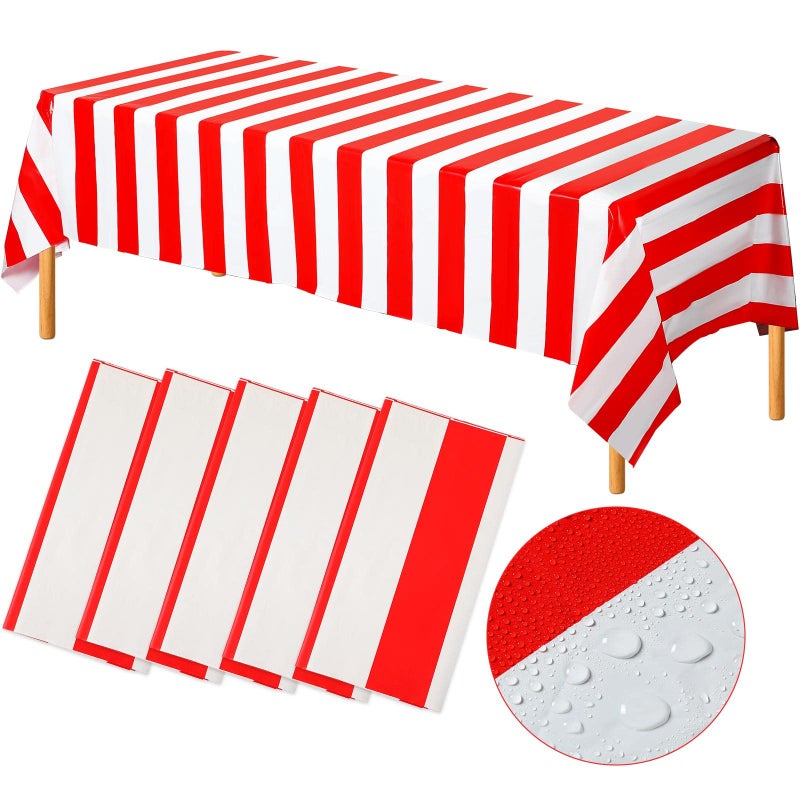 Batiyeer Red and White Striped Tablecloth Plastic Carnival Circus Table Cover Waterproof Rectangle Tablecloth for Holiday Party Picnic Decoration 54 x 108 Inches6 Pcs