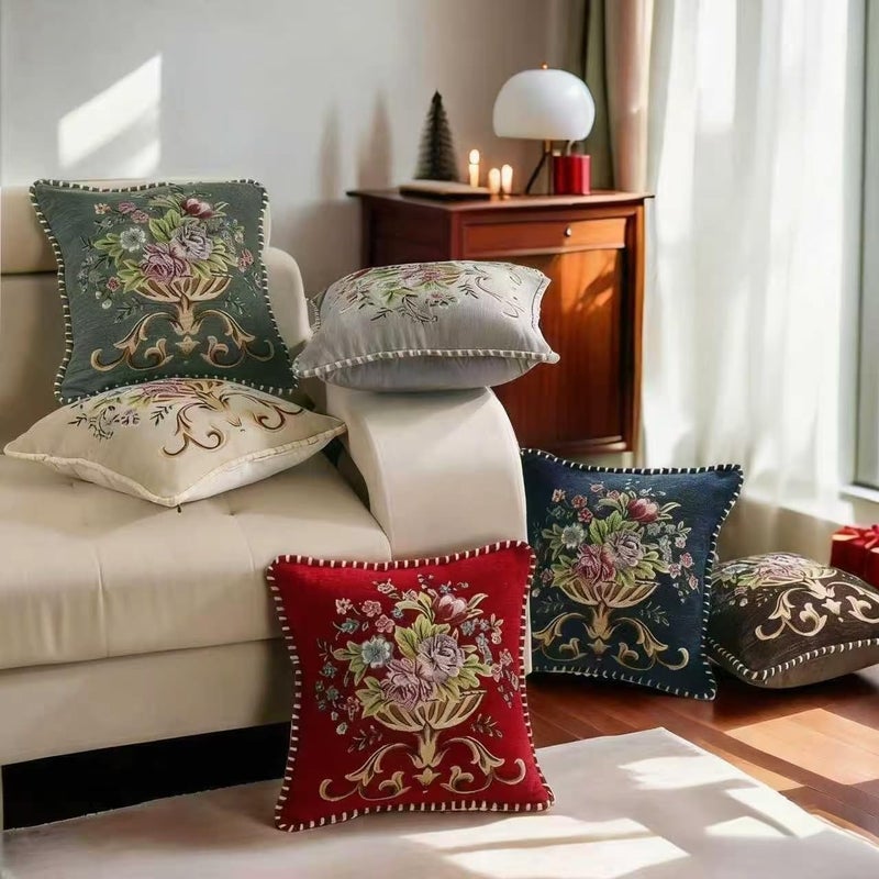 Qupace Set of 2 Chenille Vintage Spring Green Throw Pillows Covers 18x18in Sofa Couch Pillows for Living Room Floral Embroidered Cushion Cover for Bed Chairs Car - Image 2