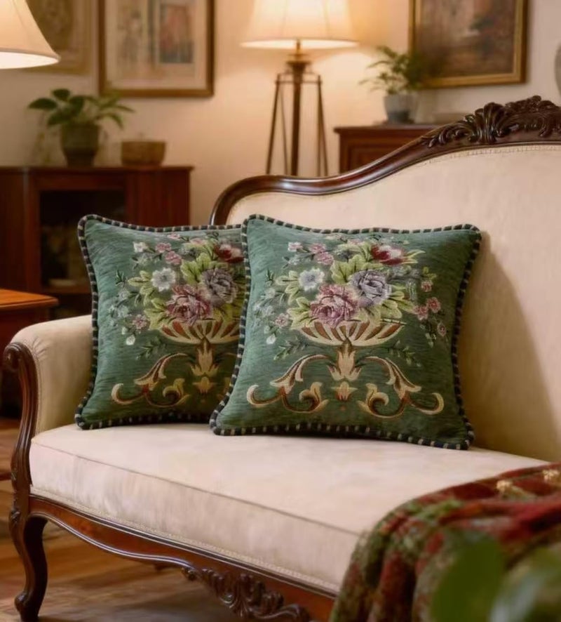 Qupace Set of 2 Chenille Vintage Spring Green Throw Pillows Covers 18x18in Sofa Couch Pillows for Living Room Floral Embroidered Cushion Cover for Bed Chairs Car - Image 1