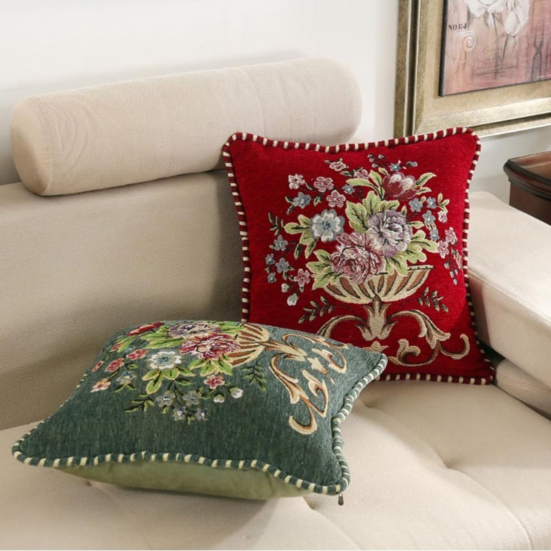 Qupace Set of 2 Chenille Vintage Spring Green Throw Pillows Covers 18x18in Sofa Couch Pillows for Living Room Floral Embroidered Cushion Cover for Bed Chairs Car - Image 5