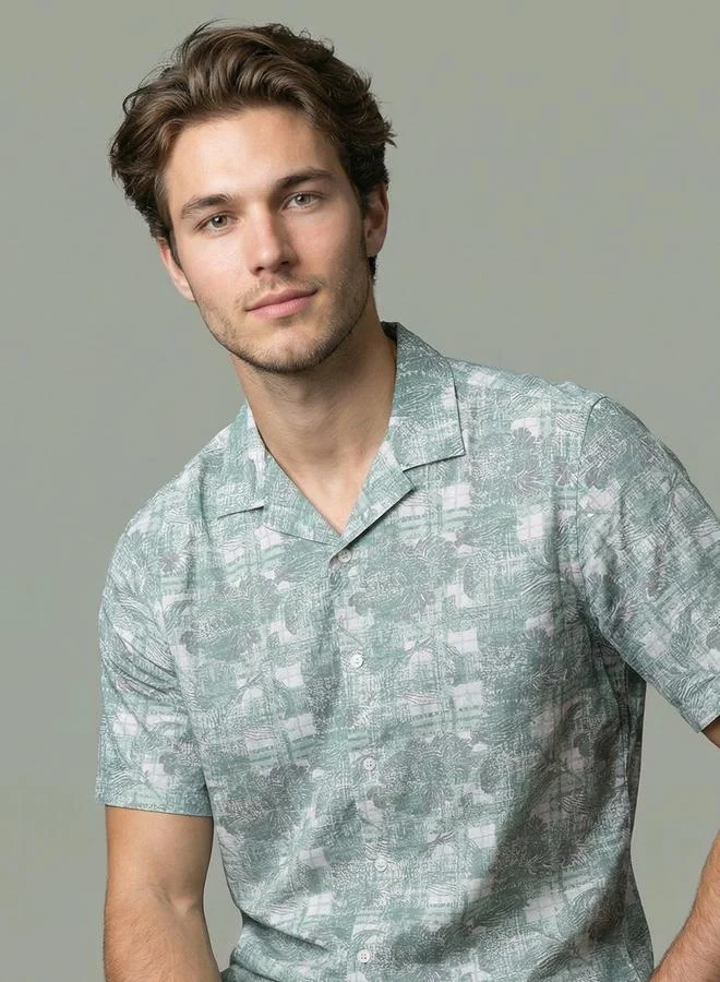 Take Two Men Green Floral Print Cuban Collar Shirt By SNX