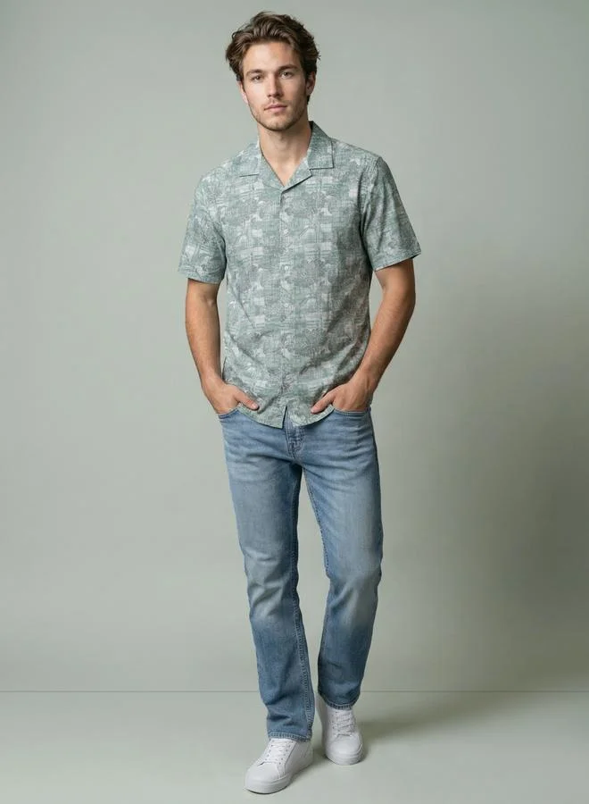 Take Two Men Green Floral Print Cuban Collar Shirt By SNX
