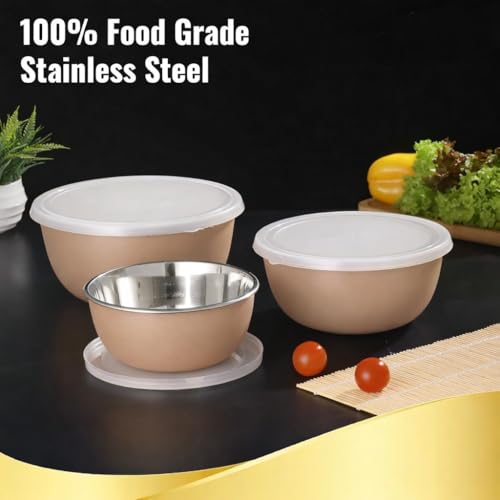Zaib Microwave Safe Stainless Steel Food Storage Container with Lid | Euro Mixing Bowl Set for Kitchen | 500ml, 800ml, 1250ml | Pack of 3 | Reheatable, Leak-Proof, BPA-Free (3 Plain Sand Brown) - Image 4