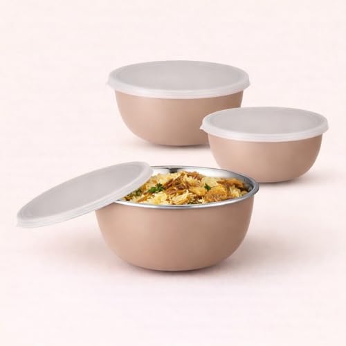 Zaib Microwave Safe Stainless Steel Food Storage Container with Lid | Euro Mixing Bowl Set for Kitchen | 500ml, 800ml, 1250ml | Pack of 3 | Reheatable, Leak-Proof, BPA-Free (3 Plain Sand Brown) - Image 1