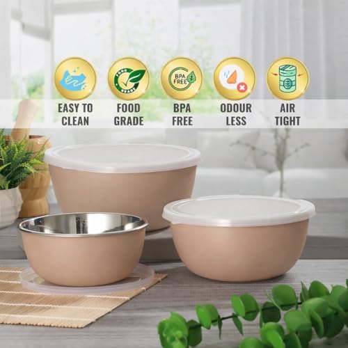 Zaib Microwave Safe Stainless Steel Food Storage Container with Lid | Euro Mixing Bowl Set for Kitchen | 500ml, 800ml, 1250ml | Pack of 3 | Reheatable, Leak-Proof, BPA-Free (3 Plain Sand Brown) - Image 5