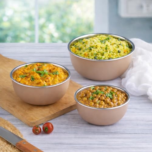 Zaib Microwave Safe Stainless Steel Food Storage Container with Lid | Euro Mixing Bowl Set for Kitchen | 500ml, 800ml, 1250ml | Pack of 3 | Reheatable, Leak-Proof, BPA-Free (3 Plain Sand Brown) - Image 2