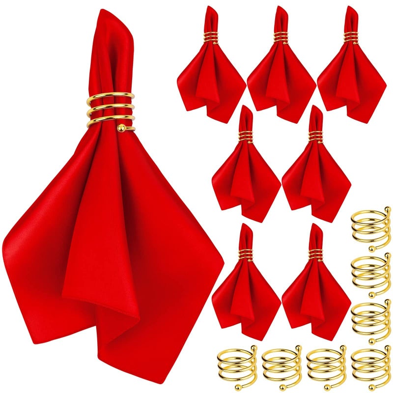 MCEAST Satin Cloth Napkins and Napkin Rings Set of 8 Smooth Fabric Table Napkins and Napkin Holder for Wedding Birthday Dinner Party Family Gatherings Table Decor Red 17 x 17 Inches