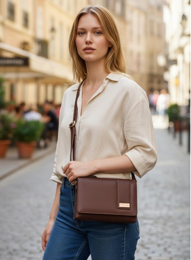 ALSU Women’s Vegan Leather Sling Bag| Stylish Crossbody Purse with Zipper Pocket & Card Slots | Magnetic Closure, Adjustable Strap| Premium Everyday Shoulder Bag for Women & Girls (ska-003br) - Image 3