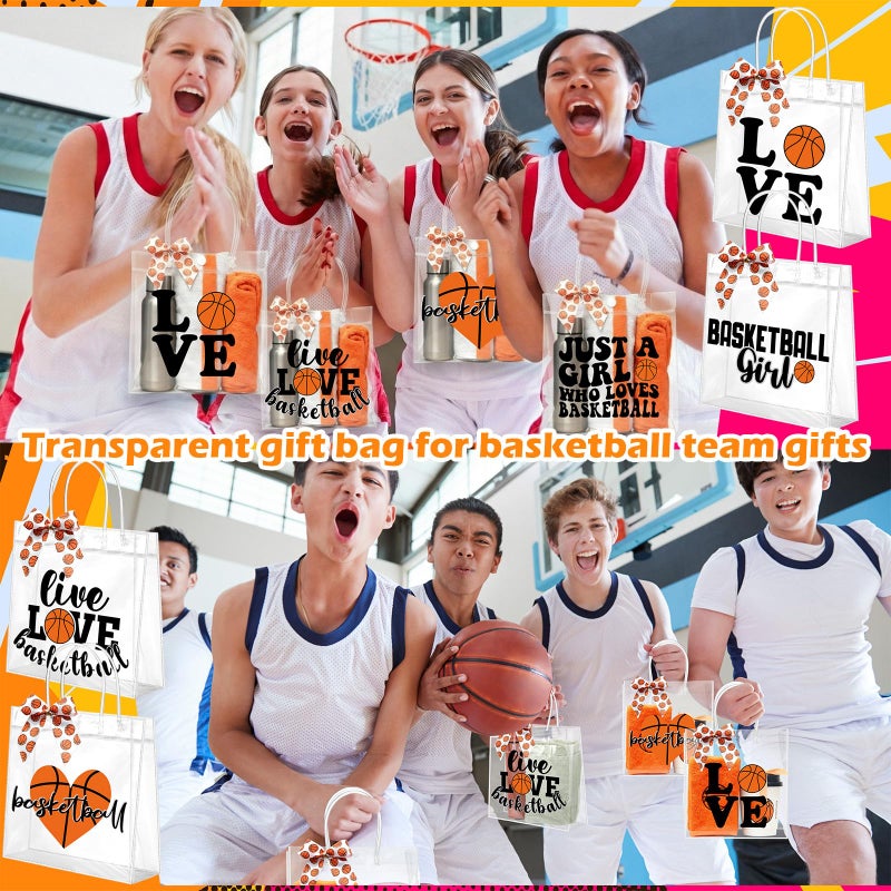 Vicenpal 12 Sets Clear Basketball Gift Bag with Handles 12 Pcs Bows PVC Plastic Basketball Treat Goodie Snack Bags 7.9 x 7.9 x 3.1'' Sport Theme Party Favors for Birthday Holiday Sports Team Gifts - Image 4