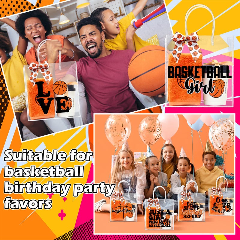 Vicenpal 12 Sets Clear Basketball Gift Bag with Handles 12 Pcs Bows PVC Plastic Basketball Treat Goodie Snack Bags 7.9 x 7.9 x 3.1'' Sport Theme Party Favors for Birthday Holiday Sports Team Gifts - Image 5