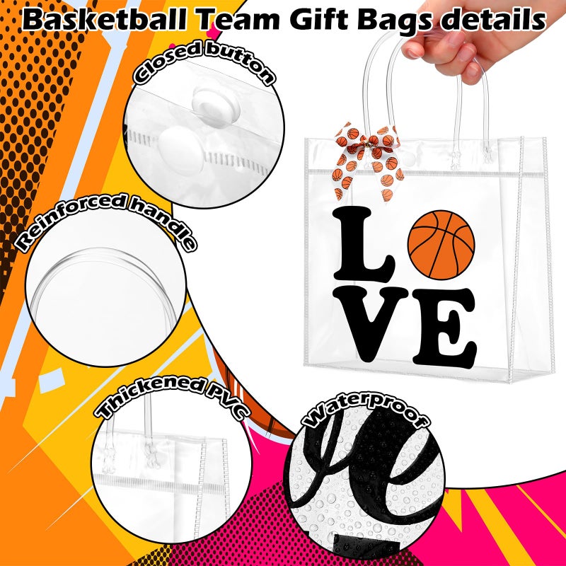 Vicenpal 12 Sets Clear Basketball Gift Bag with Handles 12 Pcs Bows PVC Plastic Basketball Treat Goodie Snack Bags 7.9 x 7.9 x 3.1'' Sport Theme Party Favors for Birthday Holiday Sports Team Gifts - Image 3