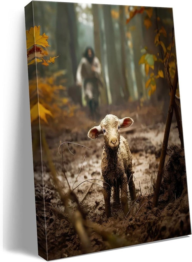 Ploceiny Religious wall decor for prayer room Christian wall art for Christmas decorations indoor Jesus and Lamb canvas wall prints Jesus Running After Lost Lamb Picture for home decor Baptism gifts for - Image 1
