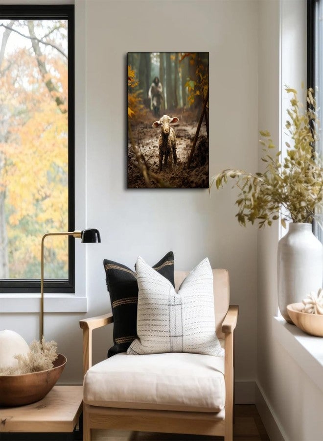 Ploceiny Religious wall decor for prayer room Christian wall art for Christmas decorations indoor Jesus and Lamb canvas wall prints Jesus Running After Lost Lamb Picture for home decor Baptism gifts for - Image 5